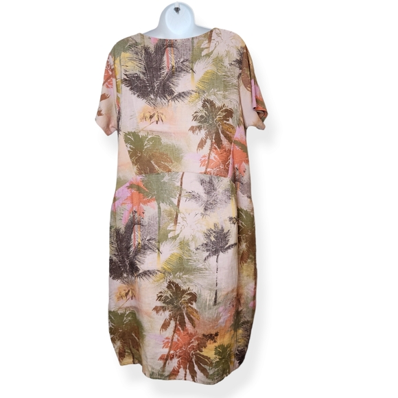 Helga May Linen Jungle Dress Bungalow Grey Italy Lagenlook Pockets Palm Tree - Picture 4 of 10